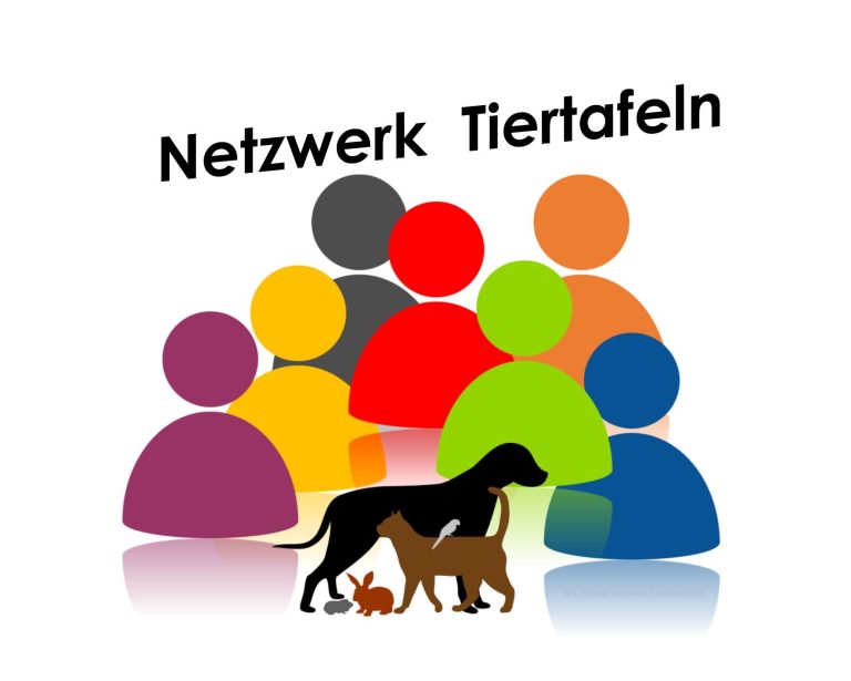 Logo des Netzwerks Tiertafeln mit bunten Figuren und Hundesilhouetten.